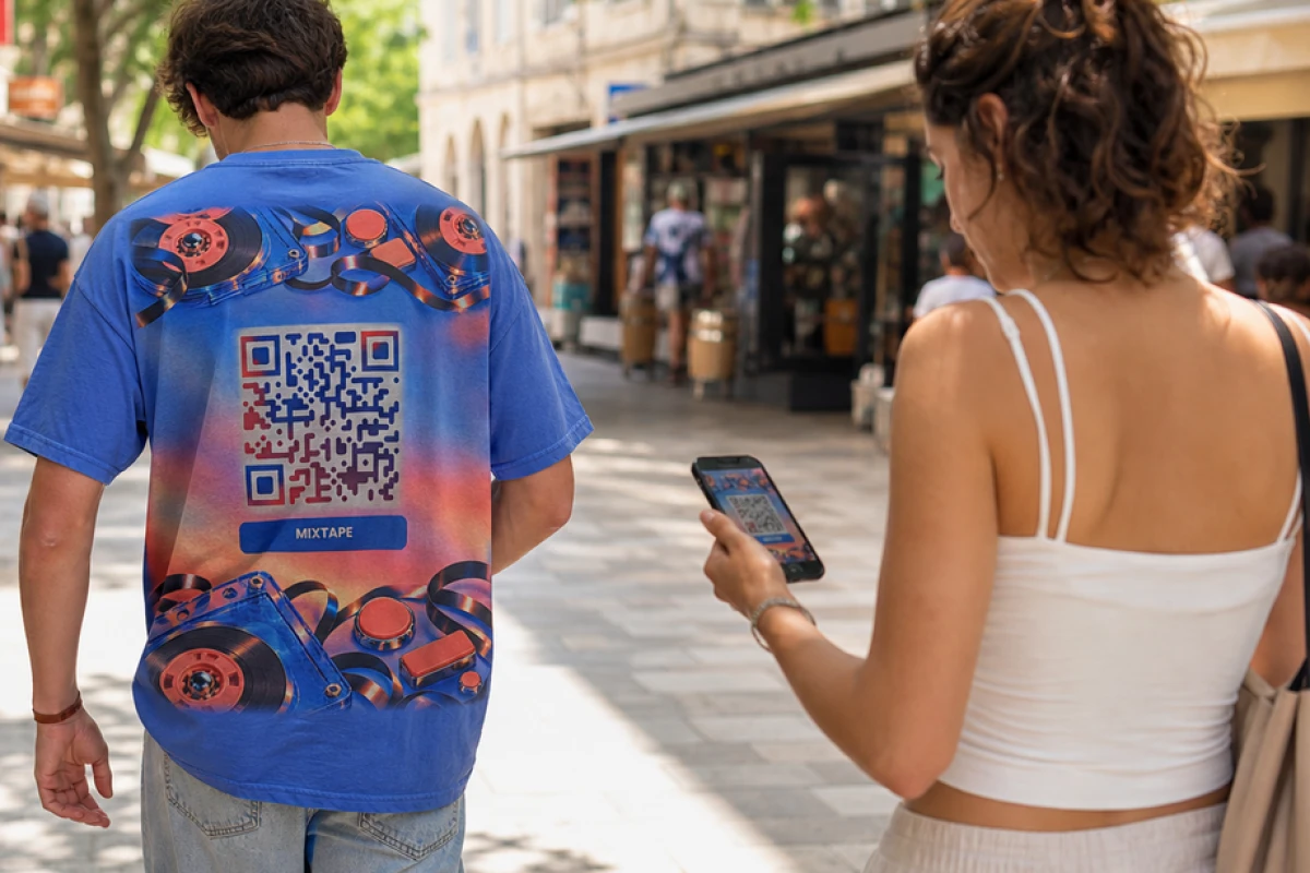 Une femme scanne avec son téléphone le QR code imprimé au dos du t-shirt d un passant, dans une rue commerçante ensoleillée Une femme scanne avec son téléphone le QR code imprimé au dos du t-shirt d un passant, dans une rue commerçante ensoleillée
