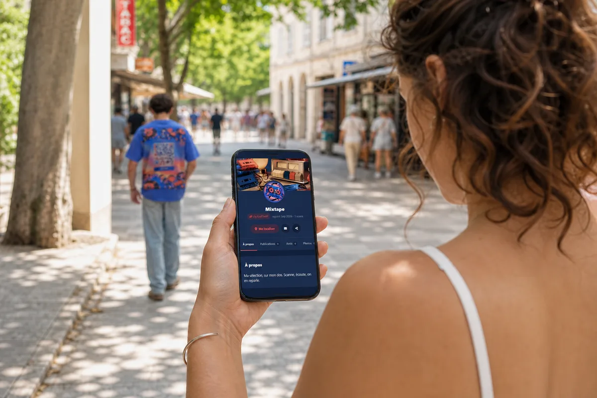 Le téléphone affiche la page profil Wearcode ouverte par le scan du QR code, avec sa couverture, son avatar et sa présentation Le téléphone affiche la page profil Wearcode ouverte par le scan du QR code, avec sa couverture, son avatar et sa présentation