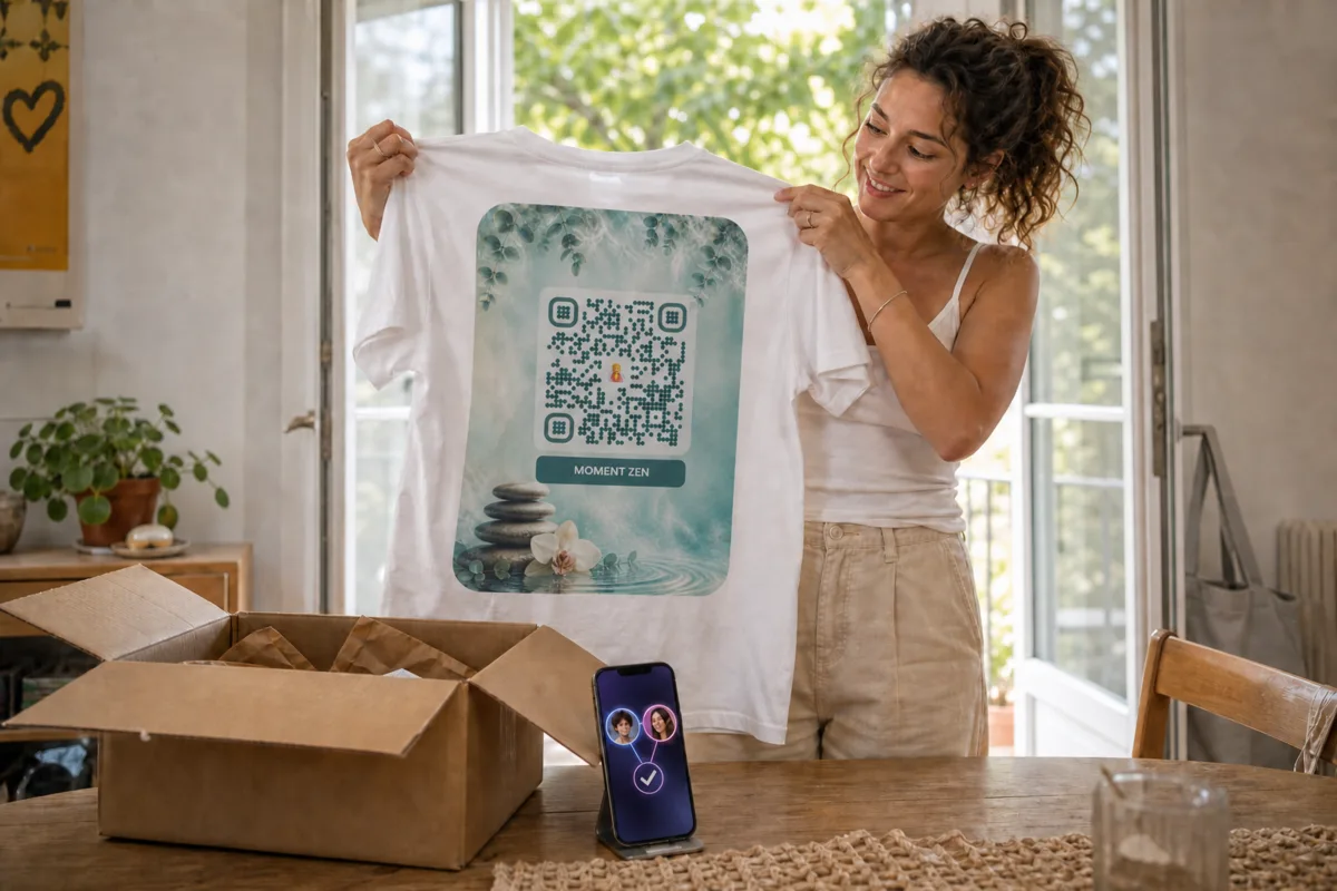 Une femme déballe son colis et déplie son t-shirt Wearcode imprimé du QR code, pendant que son téléphone affiche la demande d amitié acceptée Une femme déballe son colis et déplie son t-shirt Wearcode imprimé du QR code, pendant que son téléphone affiche la demande d amitié acceptée