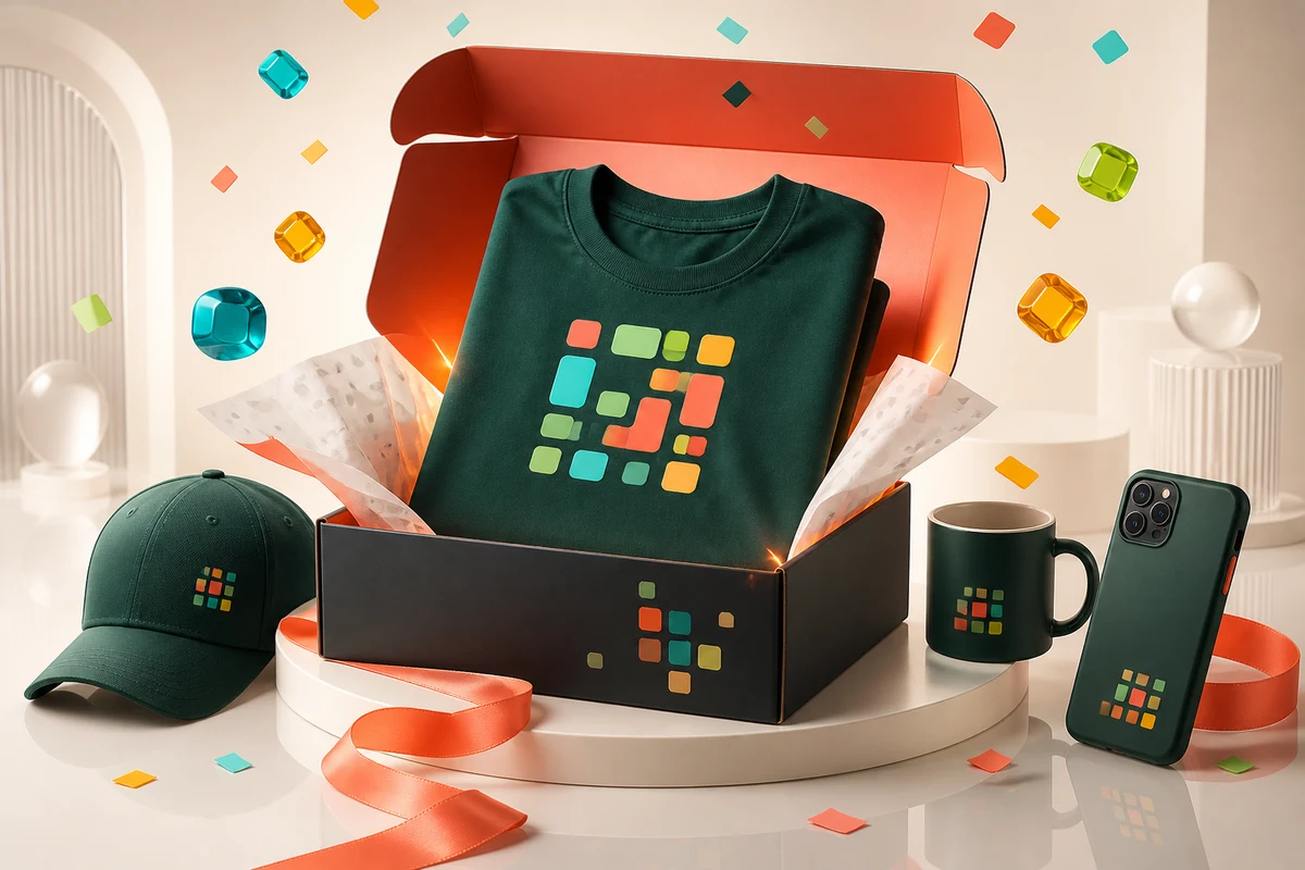 Colis wearcode ouvert : t-shirt, casquette, mug et coque de téléphone portant tous le même motif Colis wearcode ouvert : t-shirt, casquette, mug et coque de téléphone portant tous le même motif