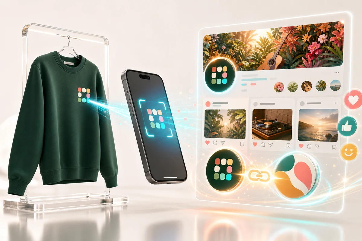 Un téléphone scanne le motif d'un sweat et ouvre la page profil wearcode, façon réseau social Un téléphone scanne le motif d'un sweat et ouvre la page profil wearcode, façon réseau social